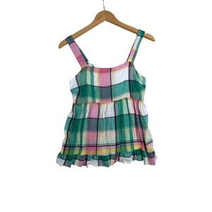 Loft Plaid Tie Back Peplum Blouse size 4 Green/Pink/White